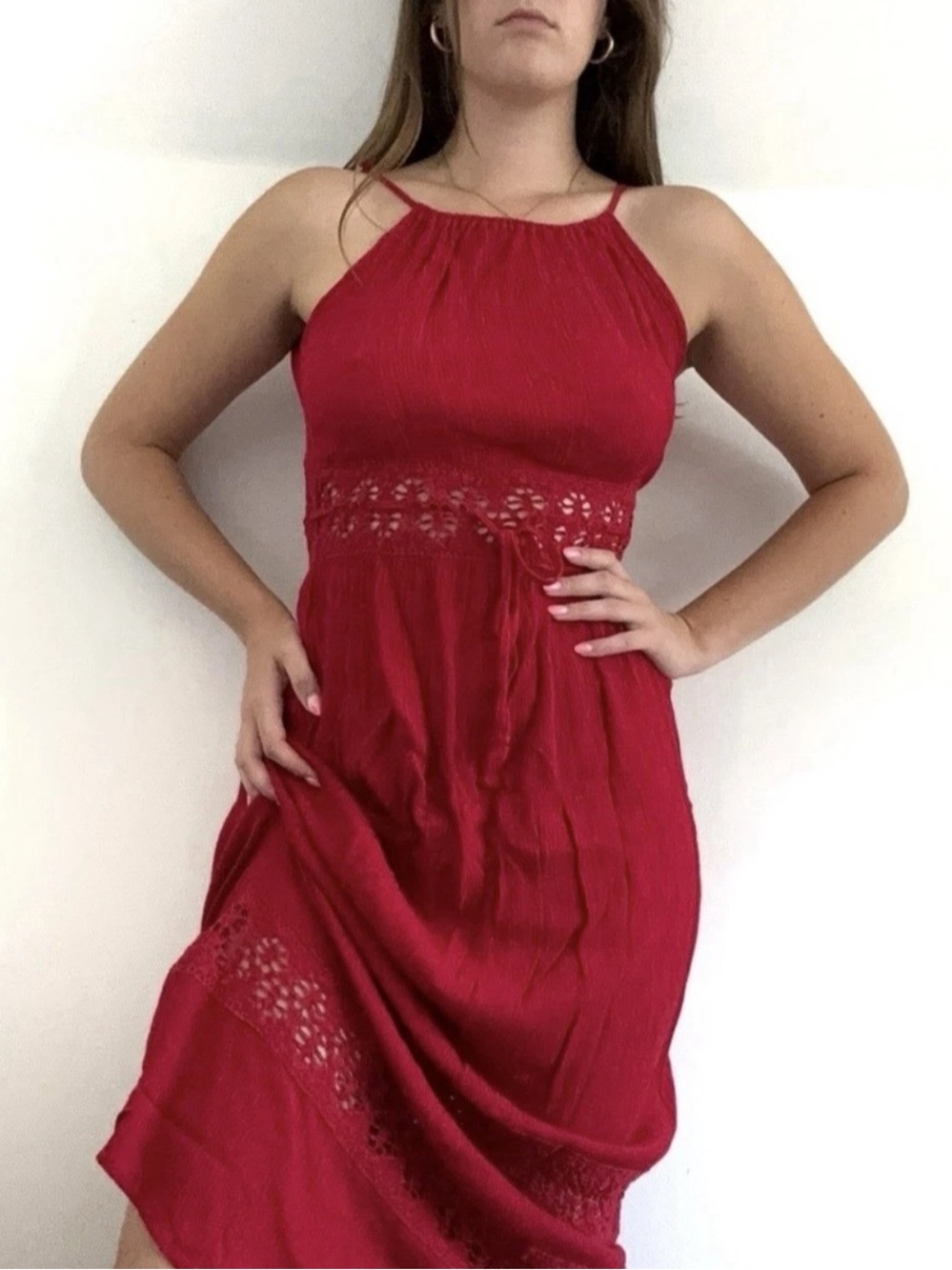 No Boundaries Dark Red Cotton Gauzy Sleeveless Maxi Dress Crochet Detail